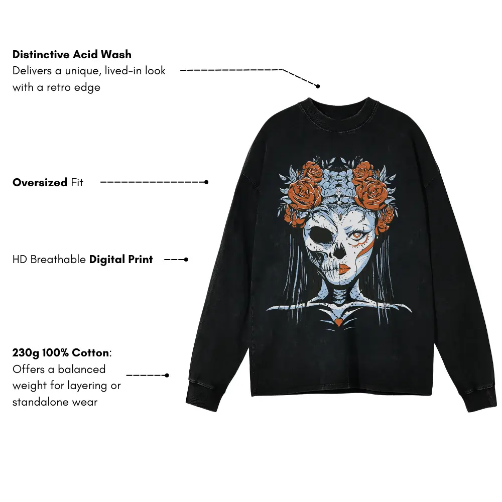 Half Skeleton Bride Acid Wash Oversized Long Sleeve Shirt - Image 3