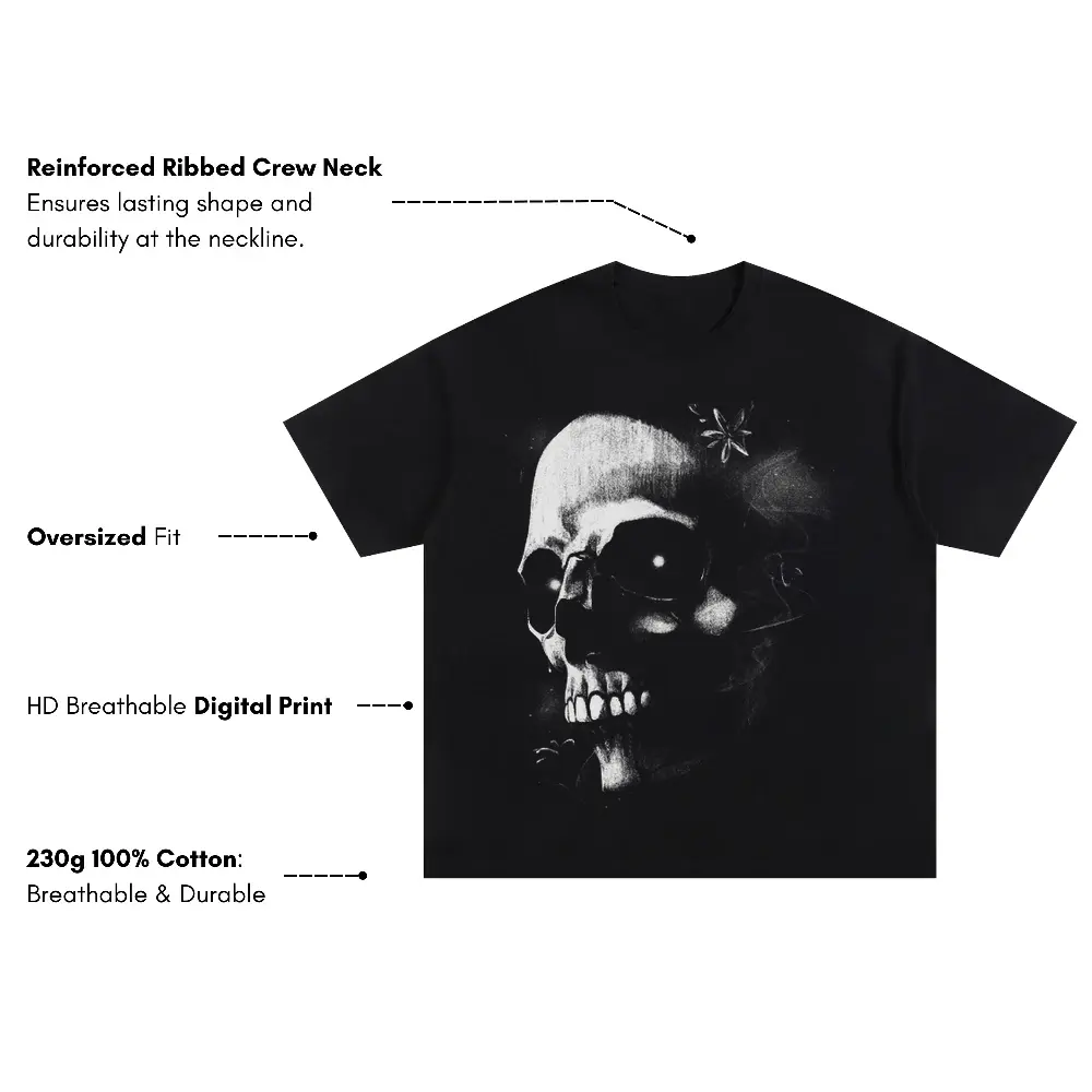 Monochrome Skull Nebula Oversized Black Graphic Tee - Image 3