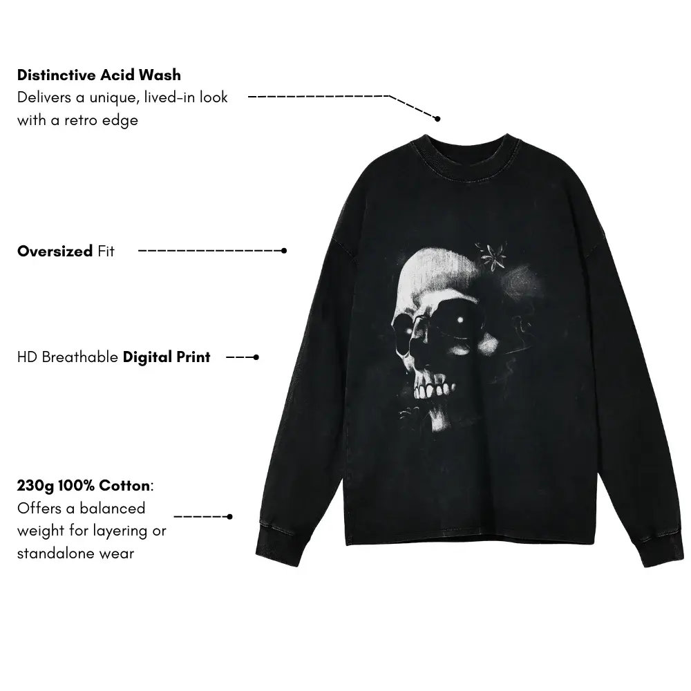 Monochrome Skull Nebula Acid Wash Oversized Long Sleeve Shirt - Image 3