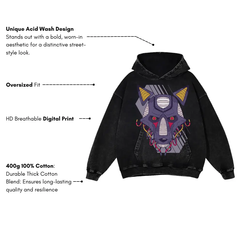 Robot Wolf Acid Wash Oversized Hoodie - Image 3