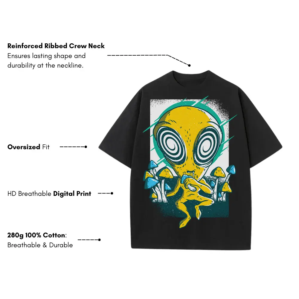 Alien Mushrooms 0 Hq Heavyweight Oversized Black Graphic Tee - Image 3
