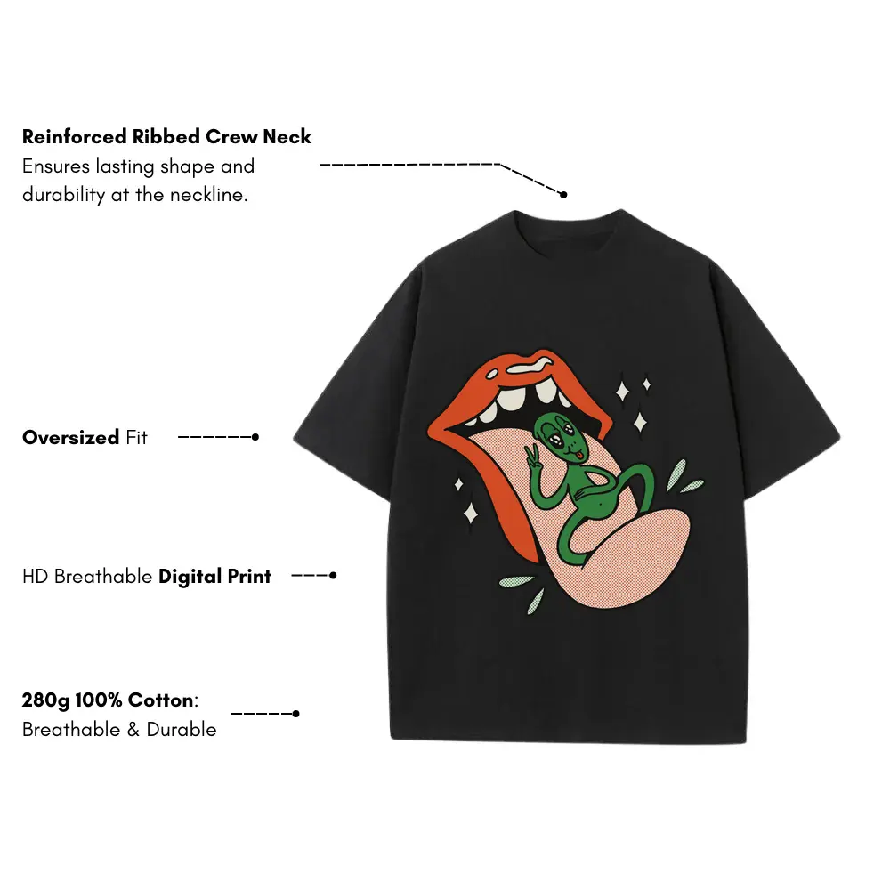 Alien On Tongue Heavyweight Oversized Black Graphic Tee - Image 3
