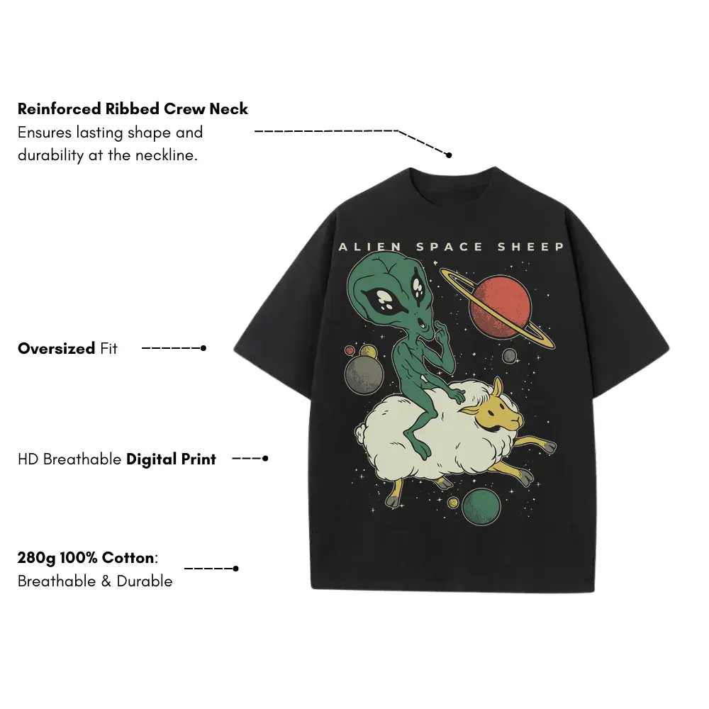 Alien Space Sheep Heavyweight Oversized Black Graphic Tee - Image 3