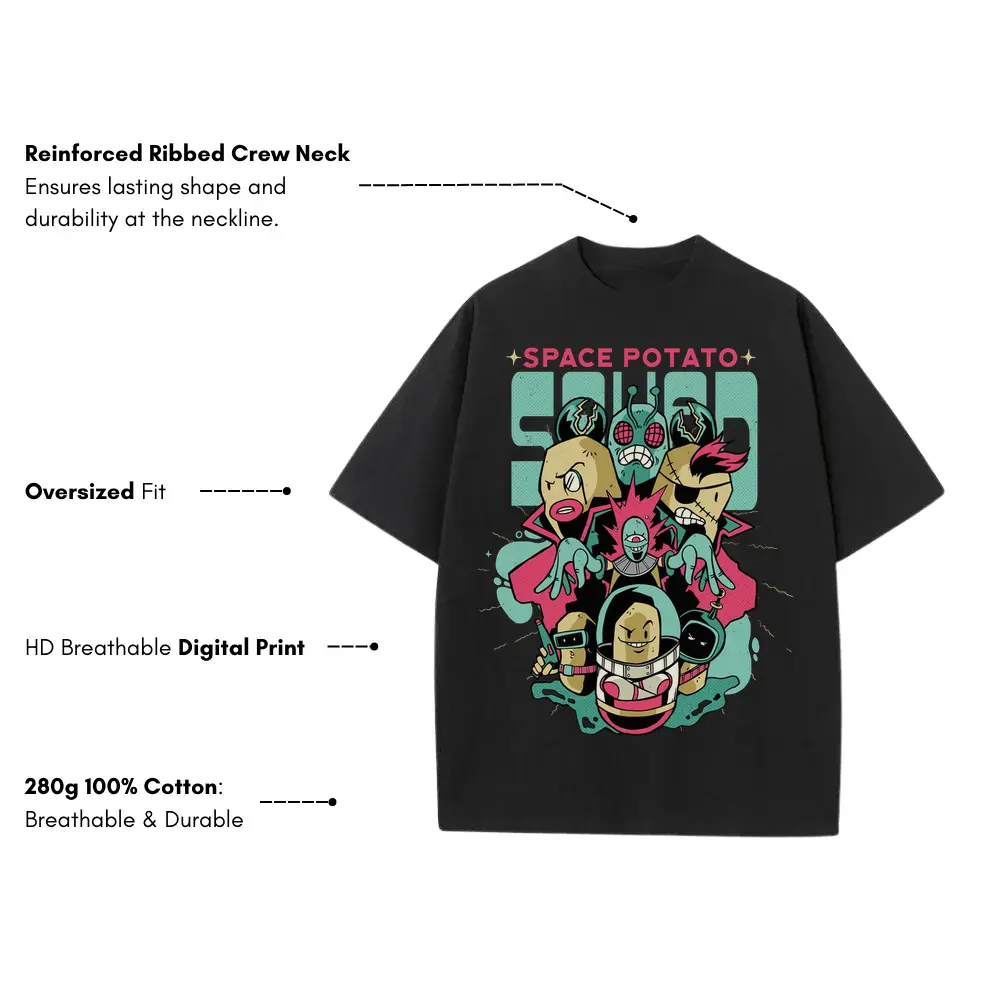 Space Potato Squad Heavyweight Oversized Black Graphic Tee - Image 3