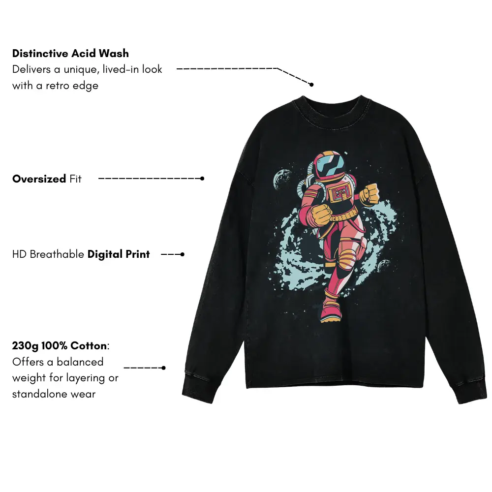 Spaceman Running Acid Wash Oversized Long Sleeve Shirt - Image 3