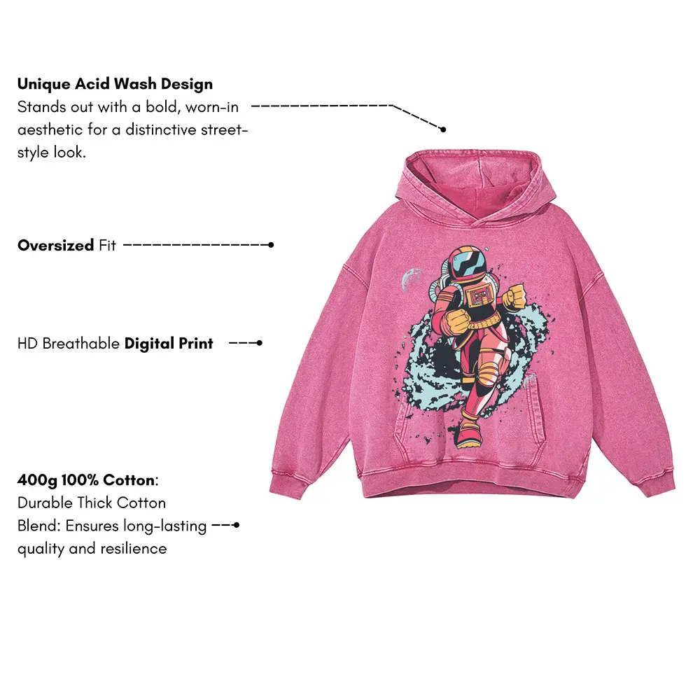 Spaceman Running Acid Wash Oversized Pink Hoodie - Image 3