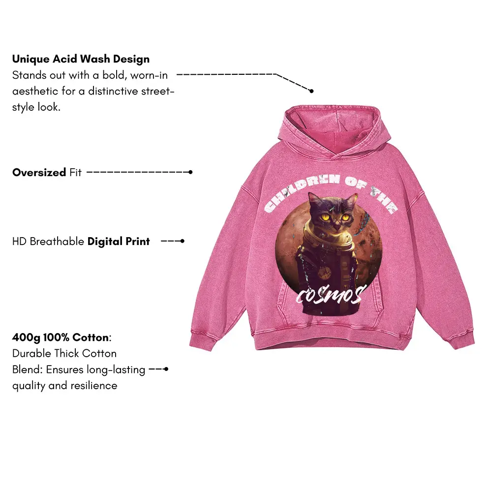 Tote Cat Astronaut Acid Wash Oversized Pink Hoodie - Image 3