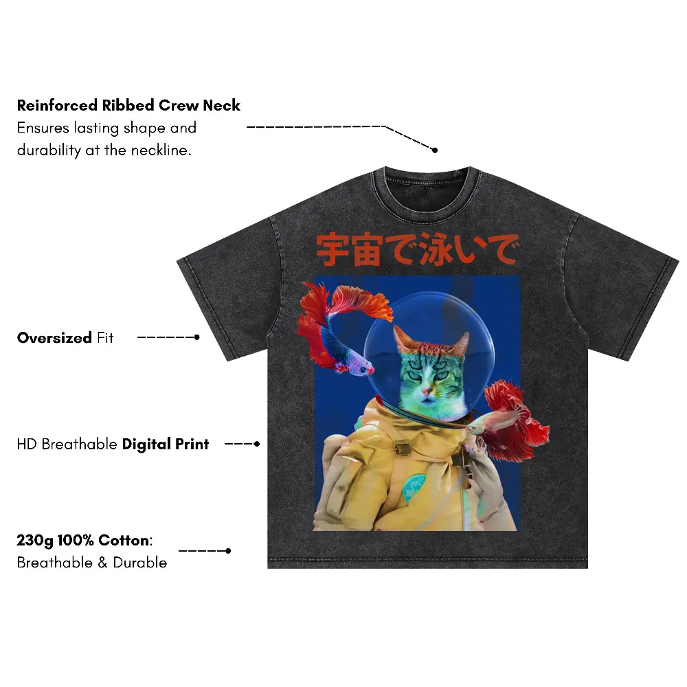 Trippy Cat Astronaut Oversized Acid Wash T-shirt - Image 3