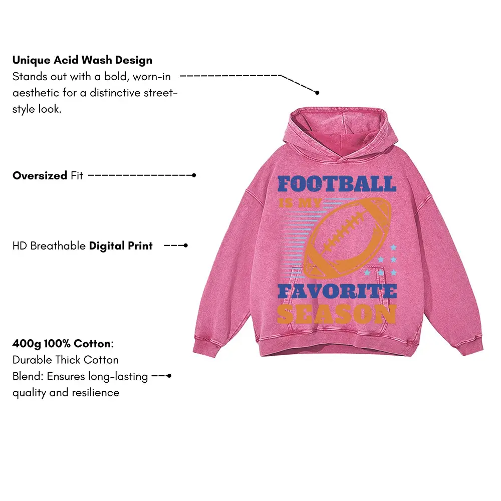 American Football Favorite Season Acid Wash Oversized Pink Hoodie - Image 3
