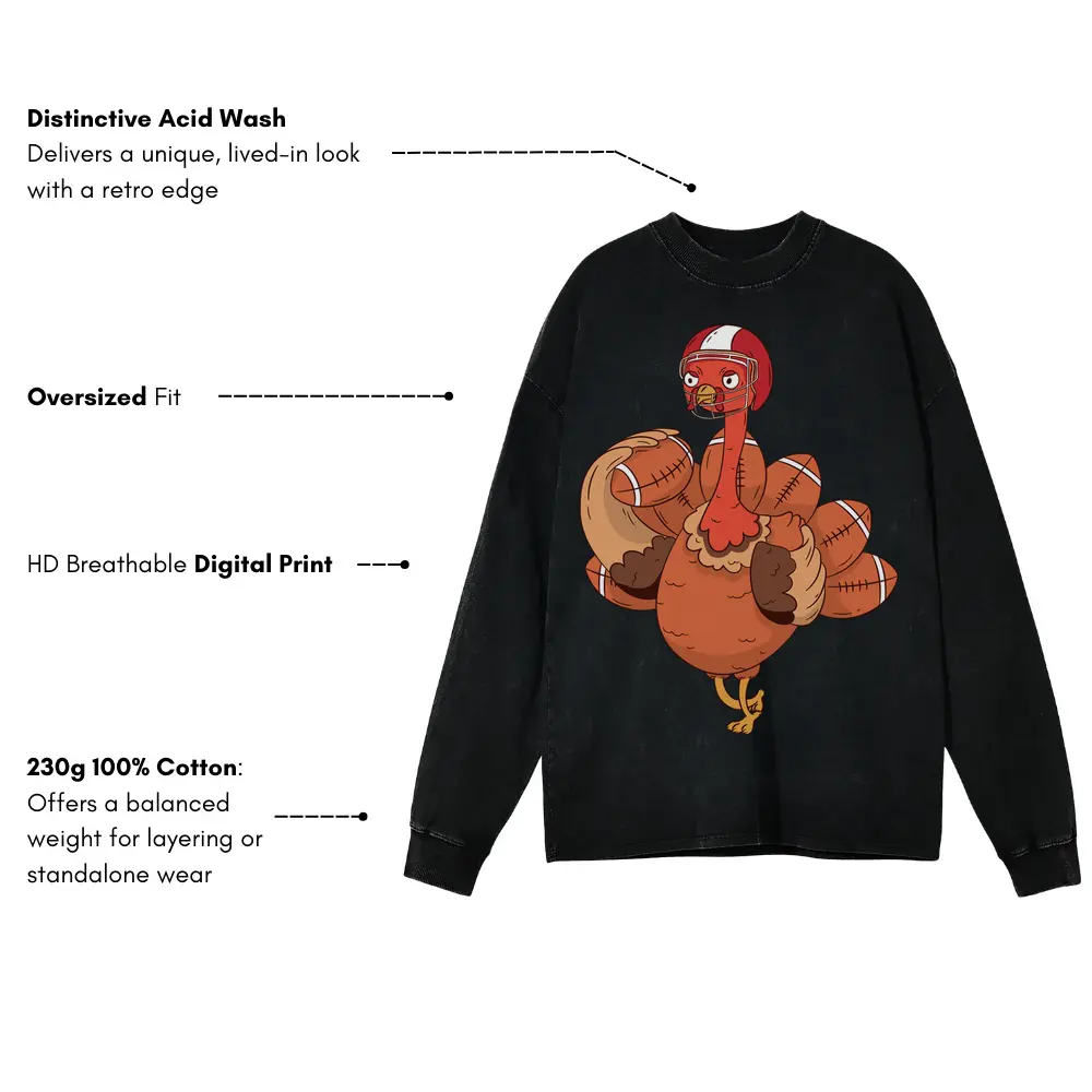 American Football Turkey Acid Wash Oversized Long Sleeve Shirt - Image 3