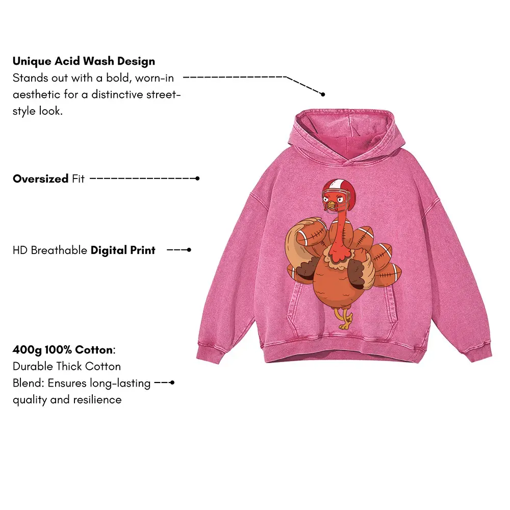 American Football Turkey Acid Wash Oversized Pink Hoodie - Image 3