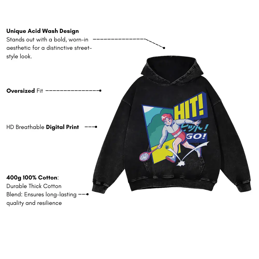 Anime Tennis Acid Wash Oversized Hoodie - Image 3