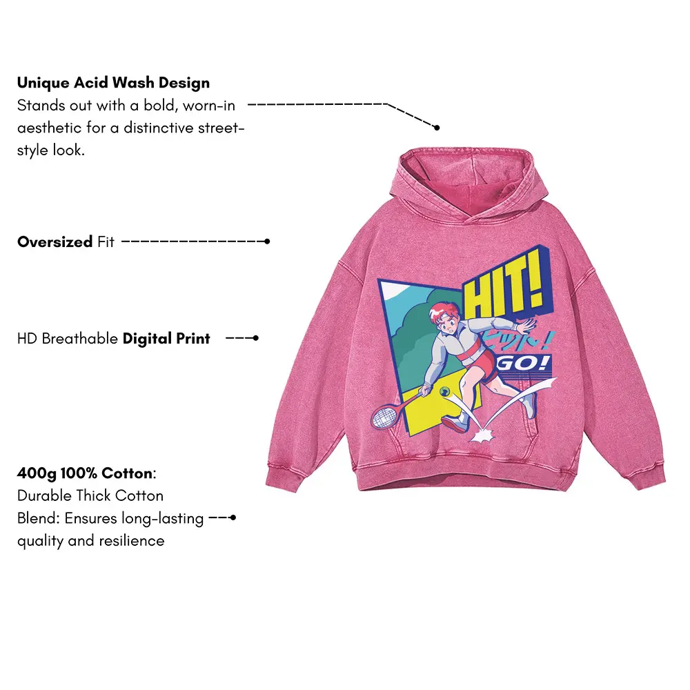 Anime Tennis Acid Wash Oversized Pink Hoodie - Image 3