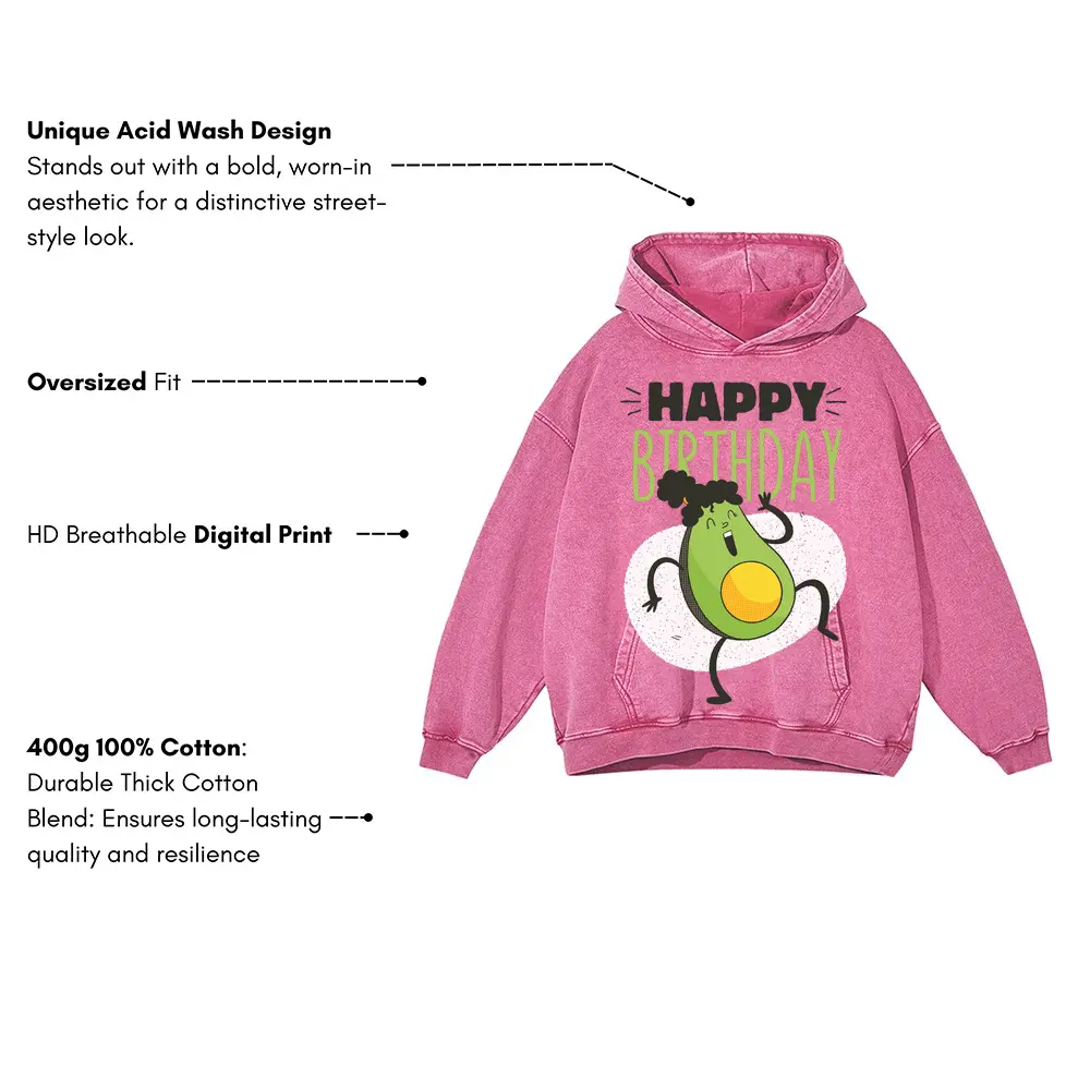 Avocado Birthday Acid Wash Oversized Pink Hoodie - Image 3