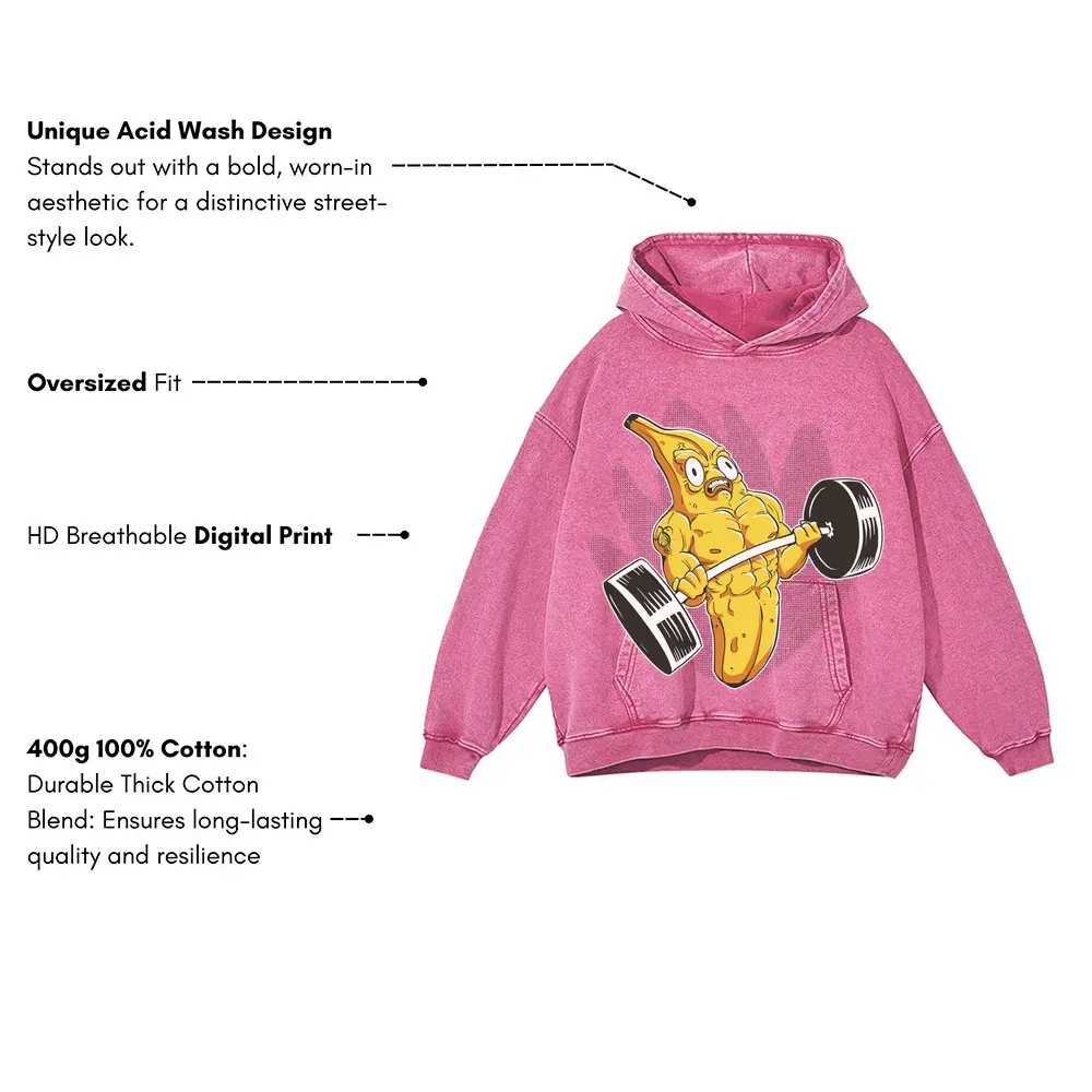 Banana Lifting Muscular Acid Wash Oversized Pink Hoodie - Image 3