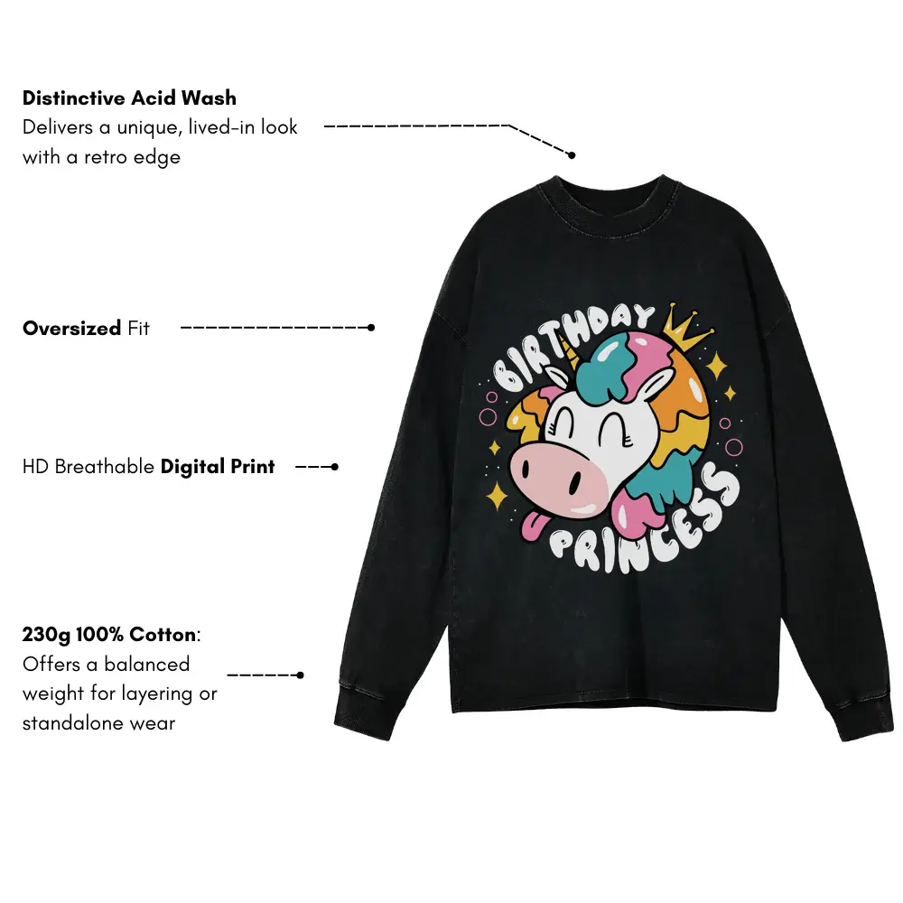 Birthday Princess Acid Wash Oversized Long Sleeve Shirt - Image 3