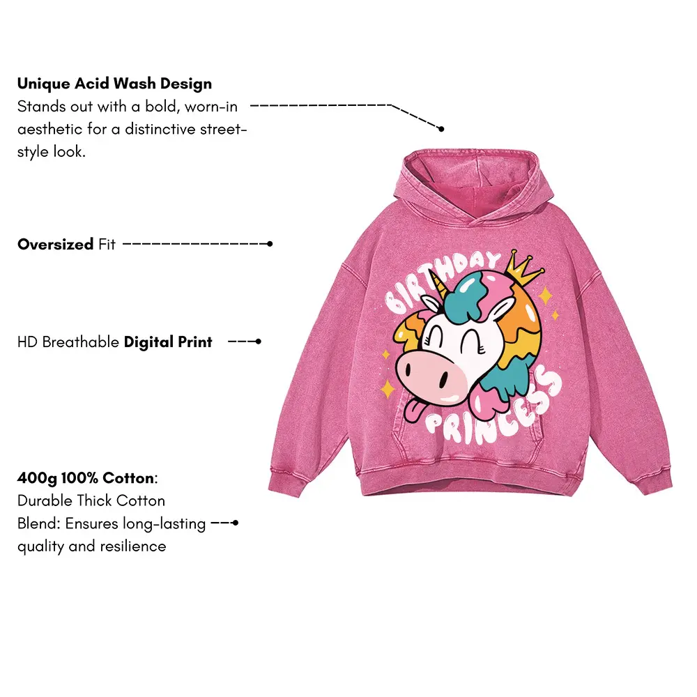 Birthday Princess Acid Wash Oversized Pink Hoodie - Image 3