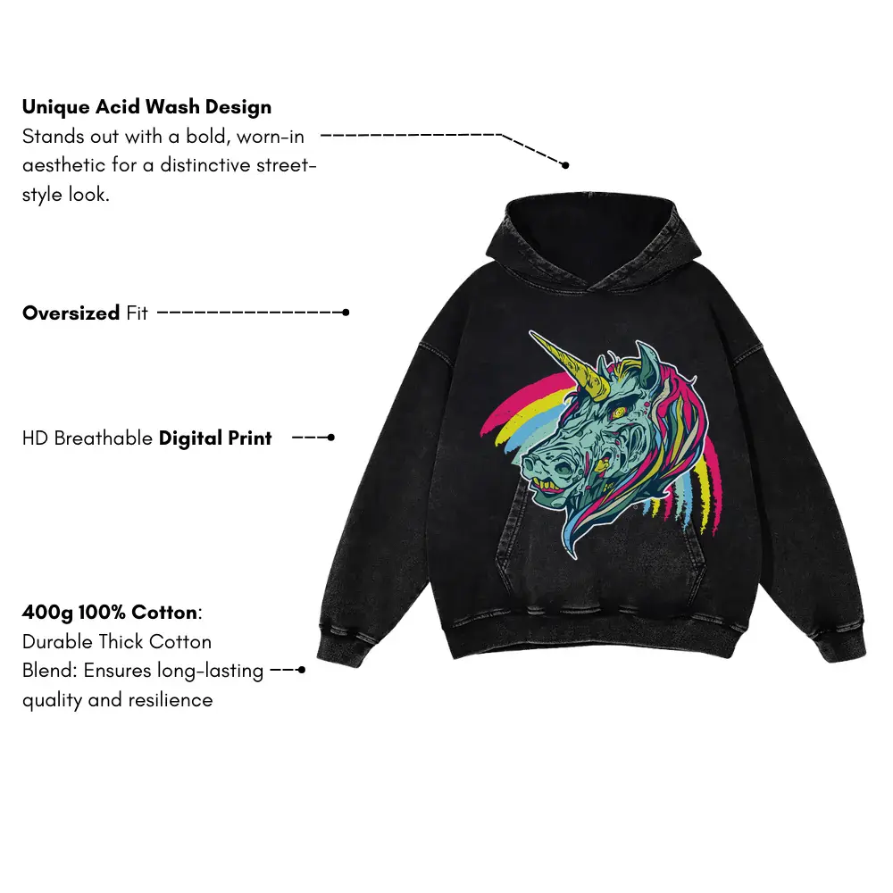 Zombie Unicorn Acid Wash Oversized Hoodie - Image 3