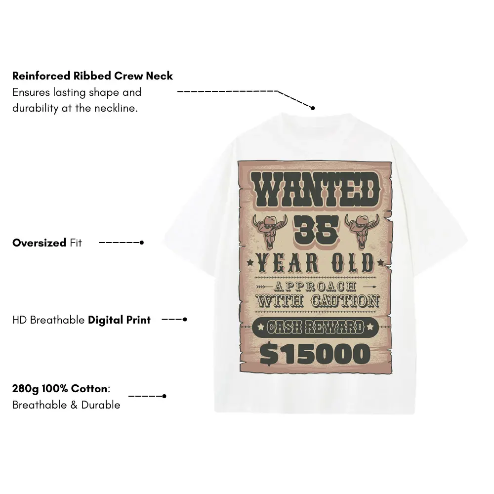 Wanted Sign Birthday Heavyweight Oversized White Graphic Tee - Image 3