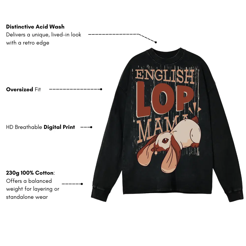 052 English Lop Mama Acid Wash Oversized Long Sleeve Shirt - Image 3