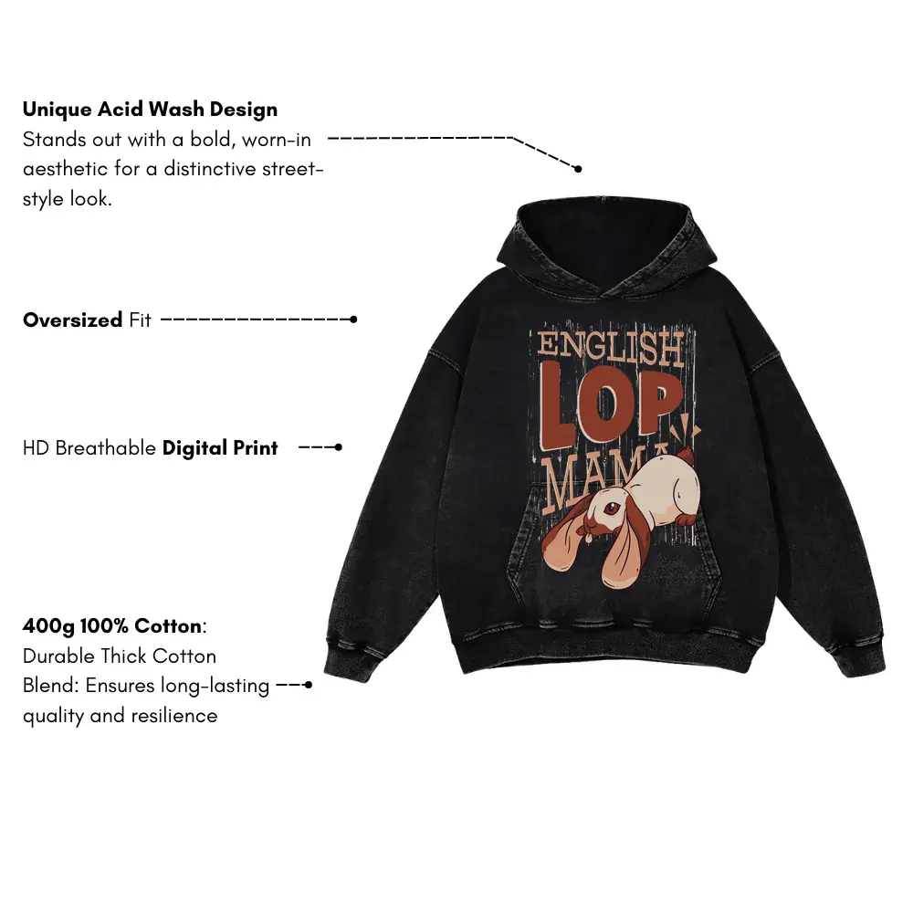 052 English Lop Mama Acid Wash Oversized Hoodie - Image 3
