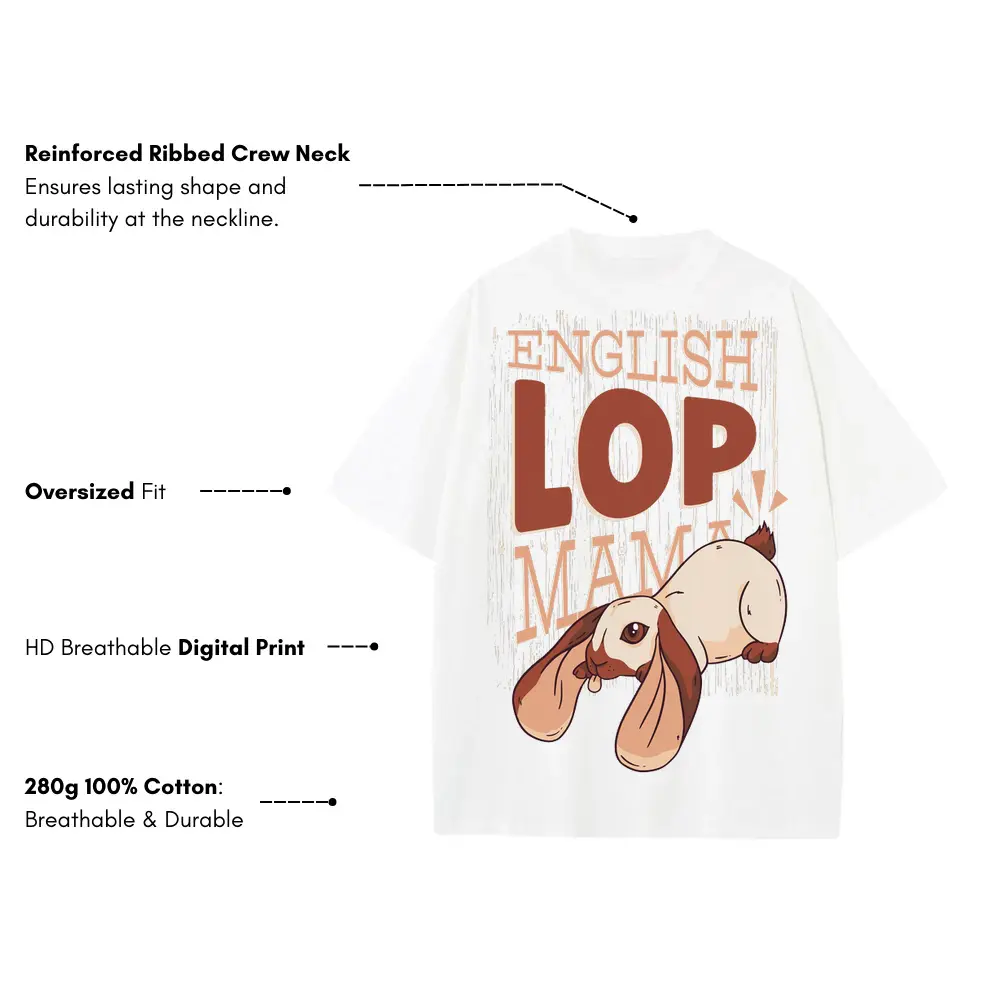 052 English Lop Mama Heavyweight Oversized White Graphic Tee - Image 3