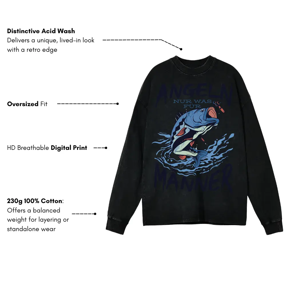 Angeln Fish Acid Wash Oversized Long Sleeve Shirt - Image 3