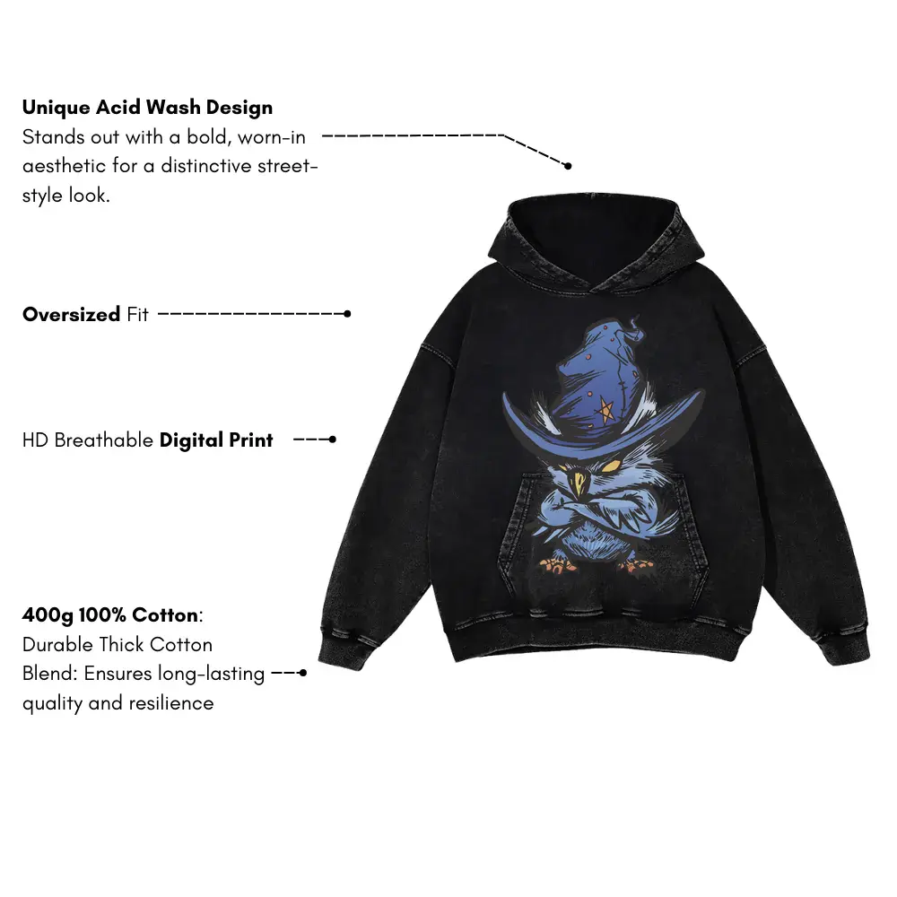 Angry Owl Witch Acid Wash Oversized Hoodie - Image 3