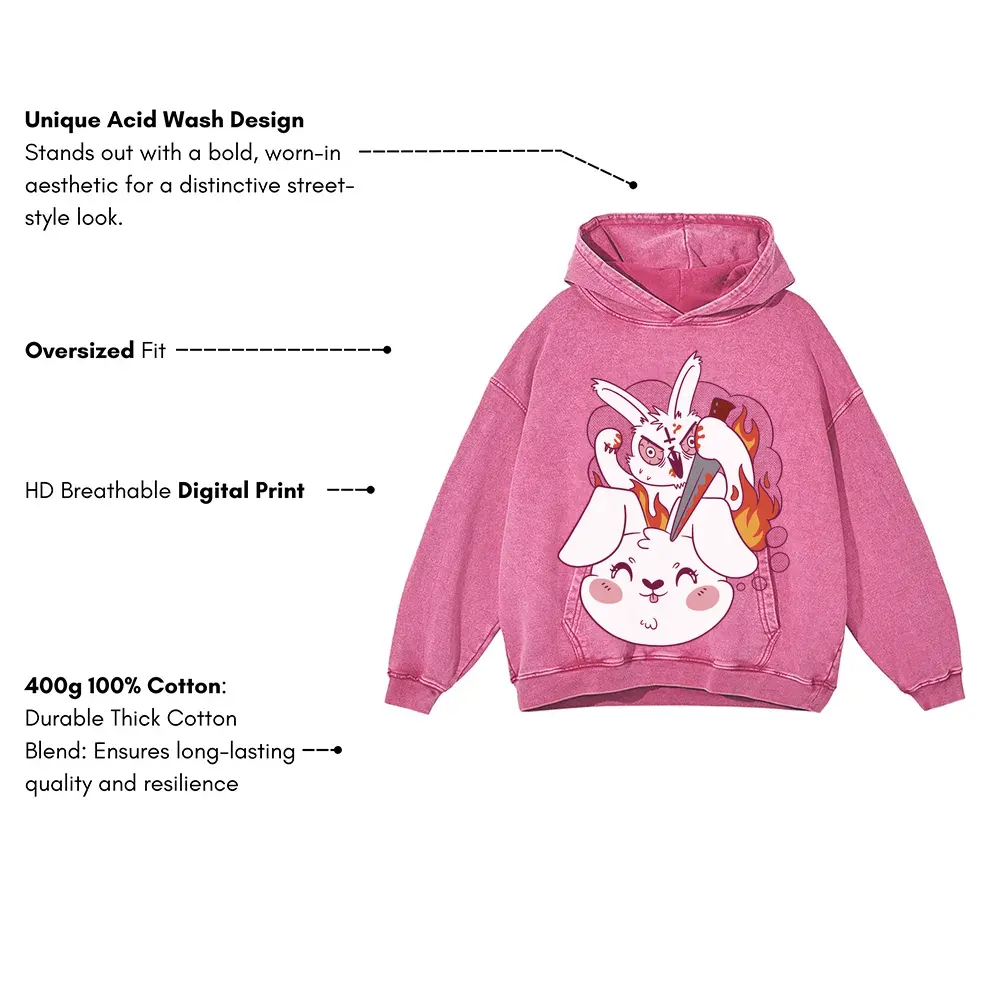 Angryrabbit Acid Wash Oversized Pink Hoodie - Image 3