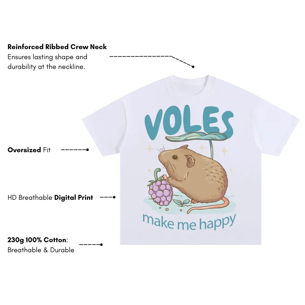 Voles Make Me Happy Oversized White Graphic Tee - Image 3