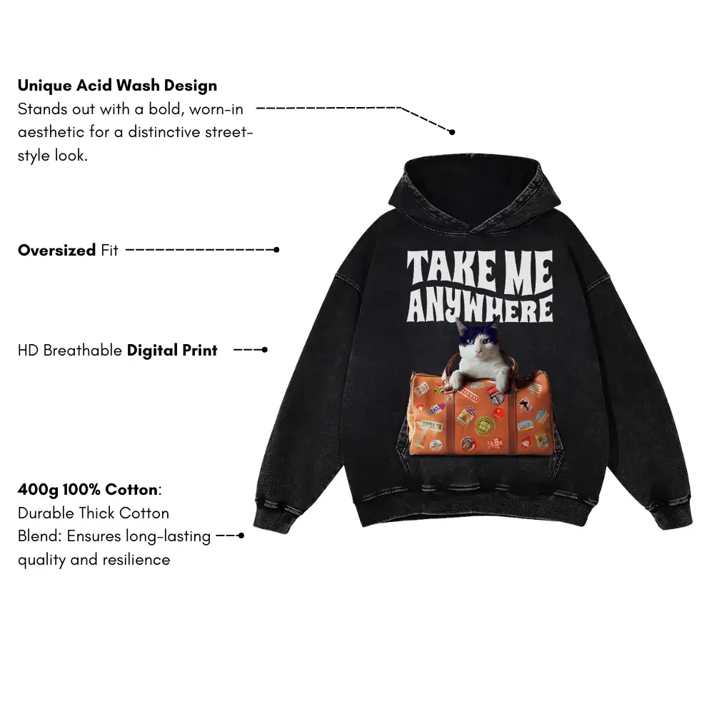 Wanderlust Cat Acid Wash Oversized Hoodie - Image 3