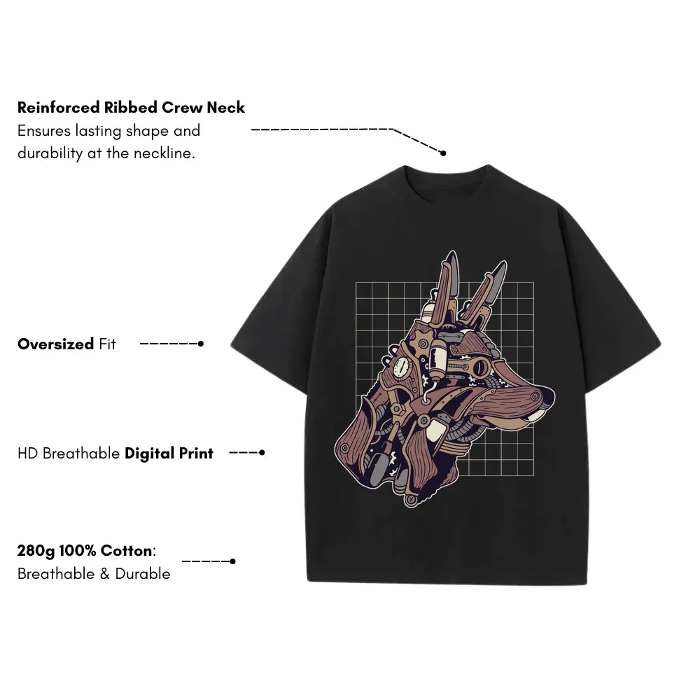 Wolf Steampunk Heavyweight Oversized Black Graphic Tee - Image 3