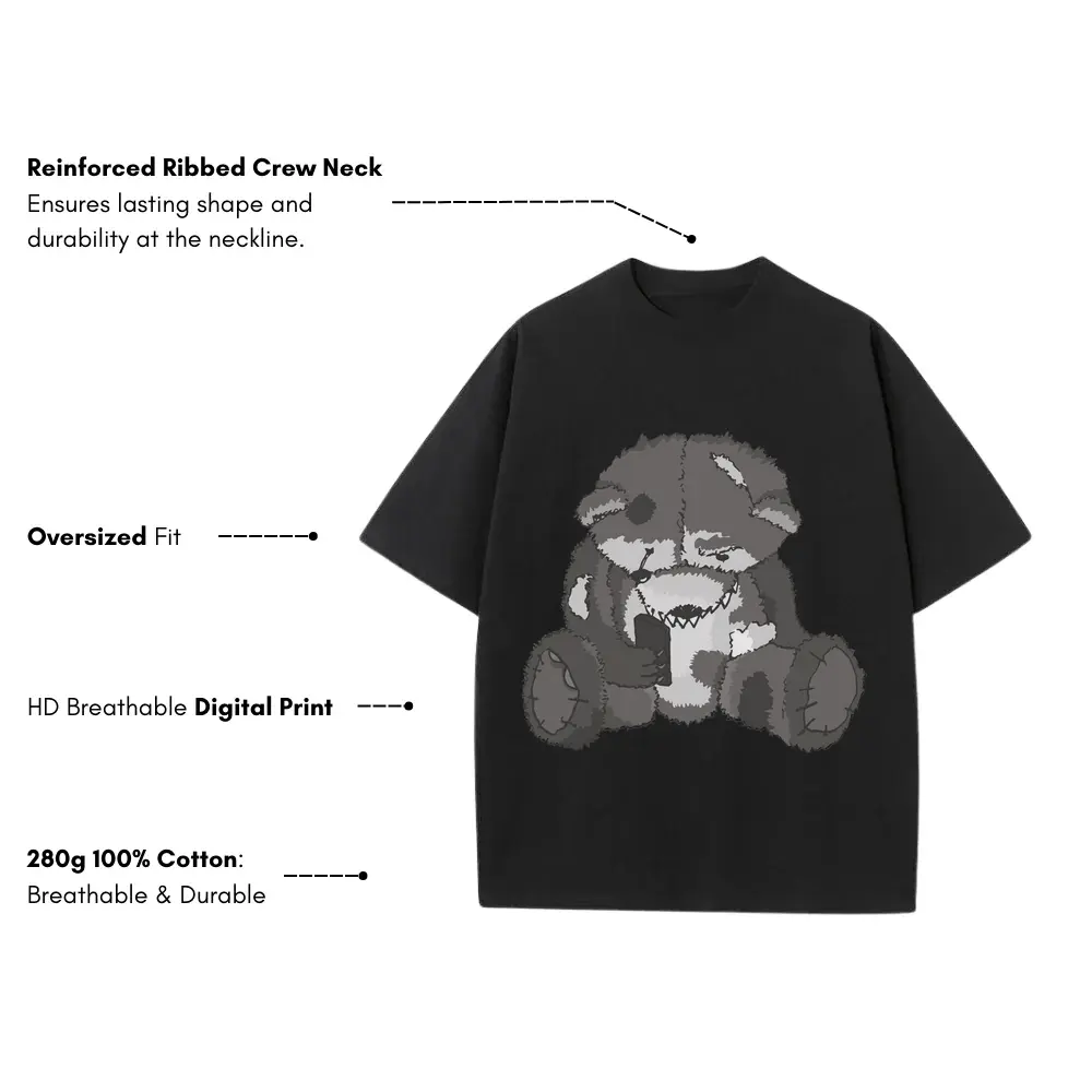 Zombie Teddy Bear Heavyweight Oversized Black Graphic Tee - Image 3