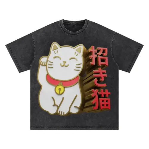 3D  Lucky Cat Oversized Acid Wash T-shirt