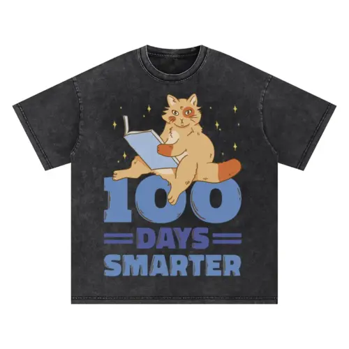 00 Days Smarter Cat Reading Oversized Acid Wash T-shirt