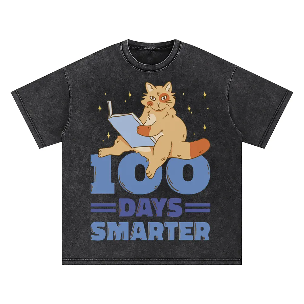 00 Days Smarter Cat Reading Oversized Acid Wash T-shirt