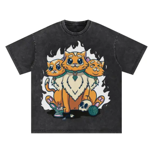 3 Head Cat Oversized Acid Wash T-shirt