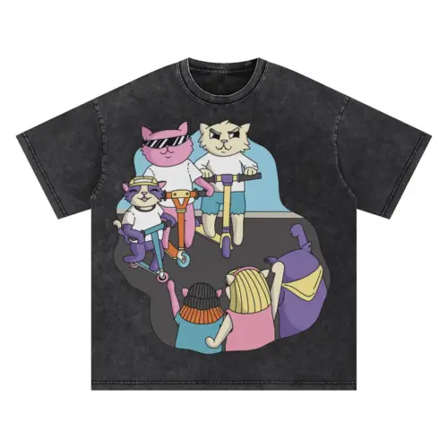 3 Scooter Cats Oversized Acid Wash T-shirt