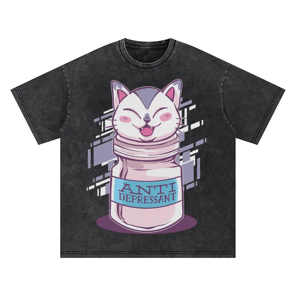 Anti Depressant Cat Oversized Acid Wash T-shirt