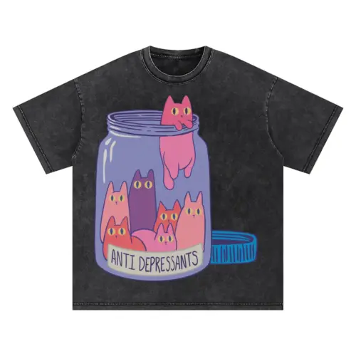 Antidepressants Cats Oversized Acid Wash T-shirt