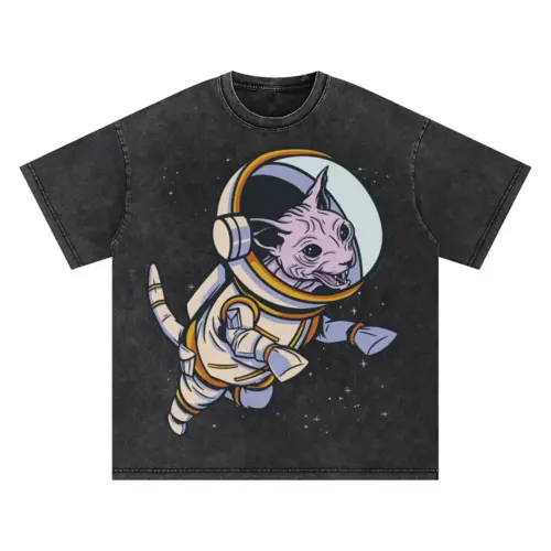 Cat Astronaut Oversized Acid Wash T-shirt