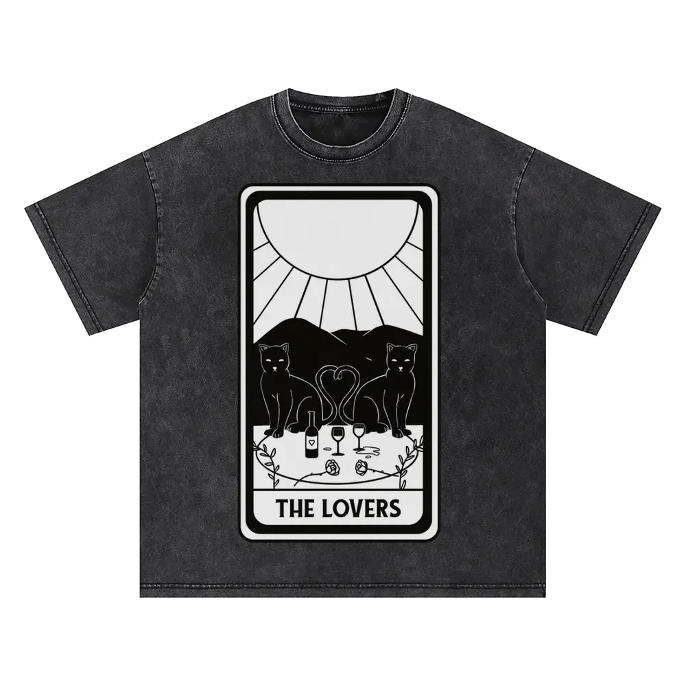 The Lovers Cat Tarot Card Oversized Acid Wash T-shirt