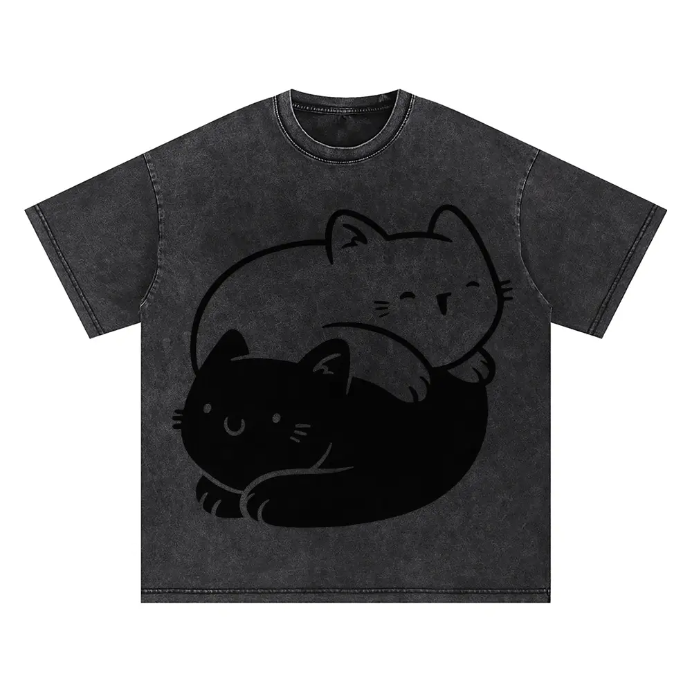 Ying Yang Cats Oversized Acid Wash T-shirt