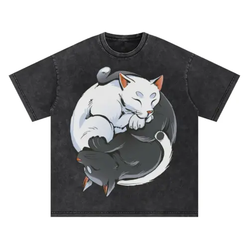 Zen Cats Ying Yang Oversized Acid Wash T-shirt