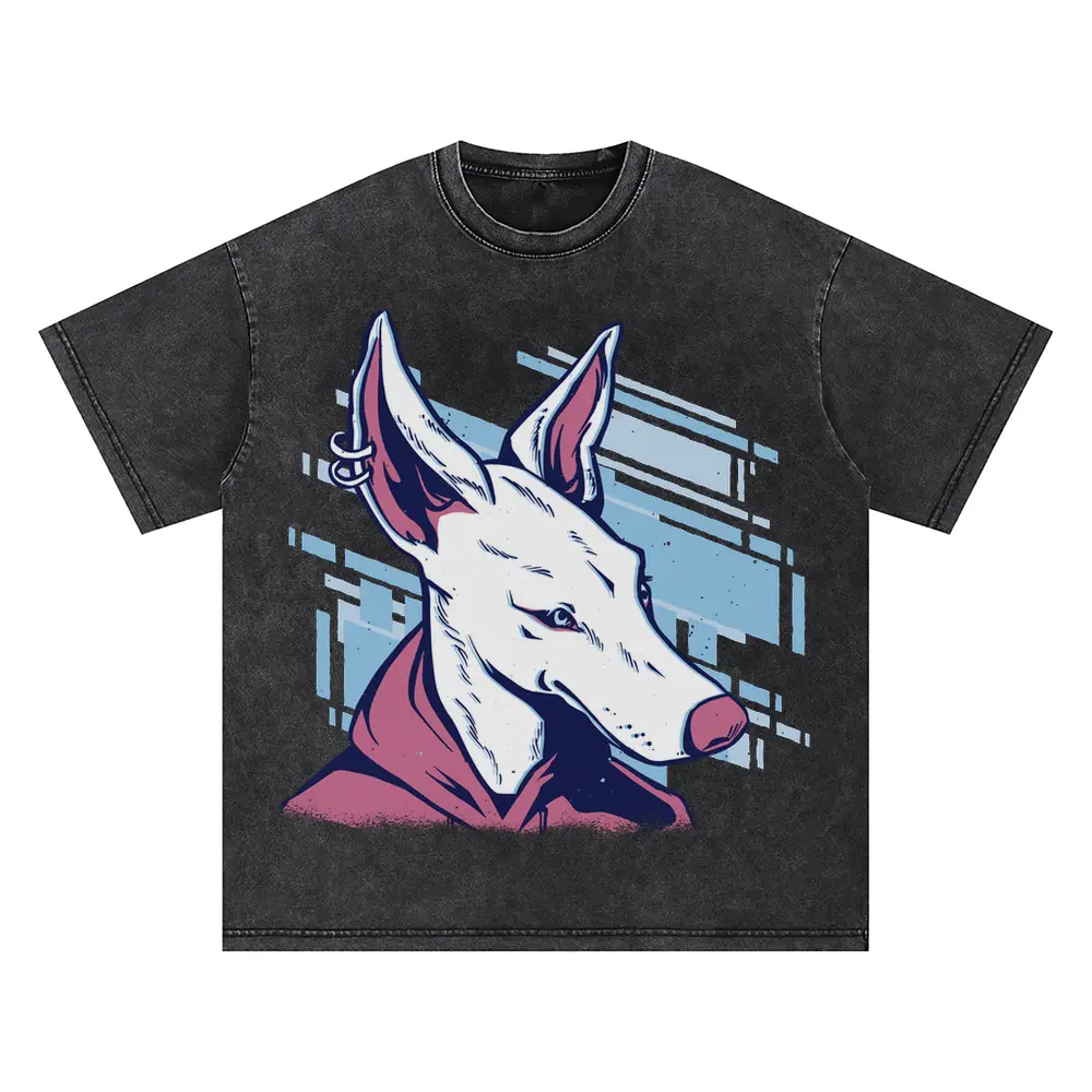 White Pink Dog Oversized Acid Wash T-shirt