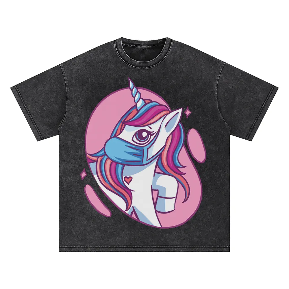 Cute Mask Unicorn Oversized Acid Wash T-shirt