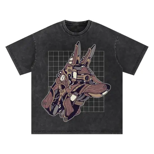 Wolf Steampunk Oversized Acid Wash T-shirt
