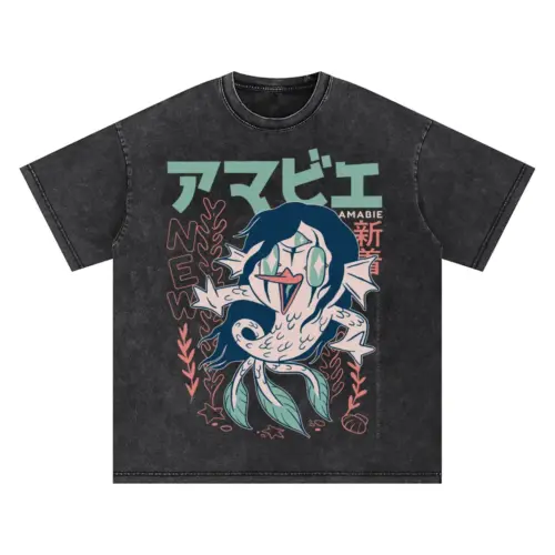 Amabie Yokai Oversized Acid Wash T-shirt