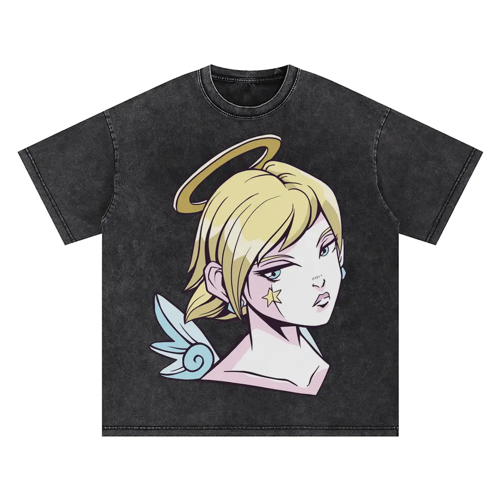 Angel Girl Anime Oversized Acid Wash T-shirt