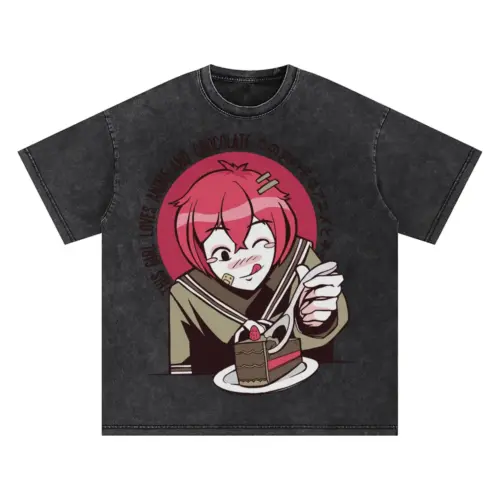Anime And Chocolate Girl Oversized Acid Wash T-shirt